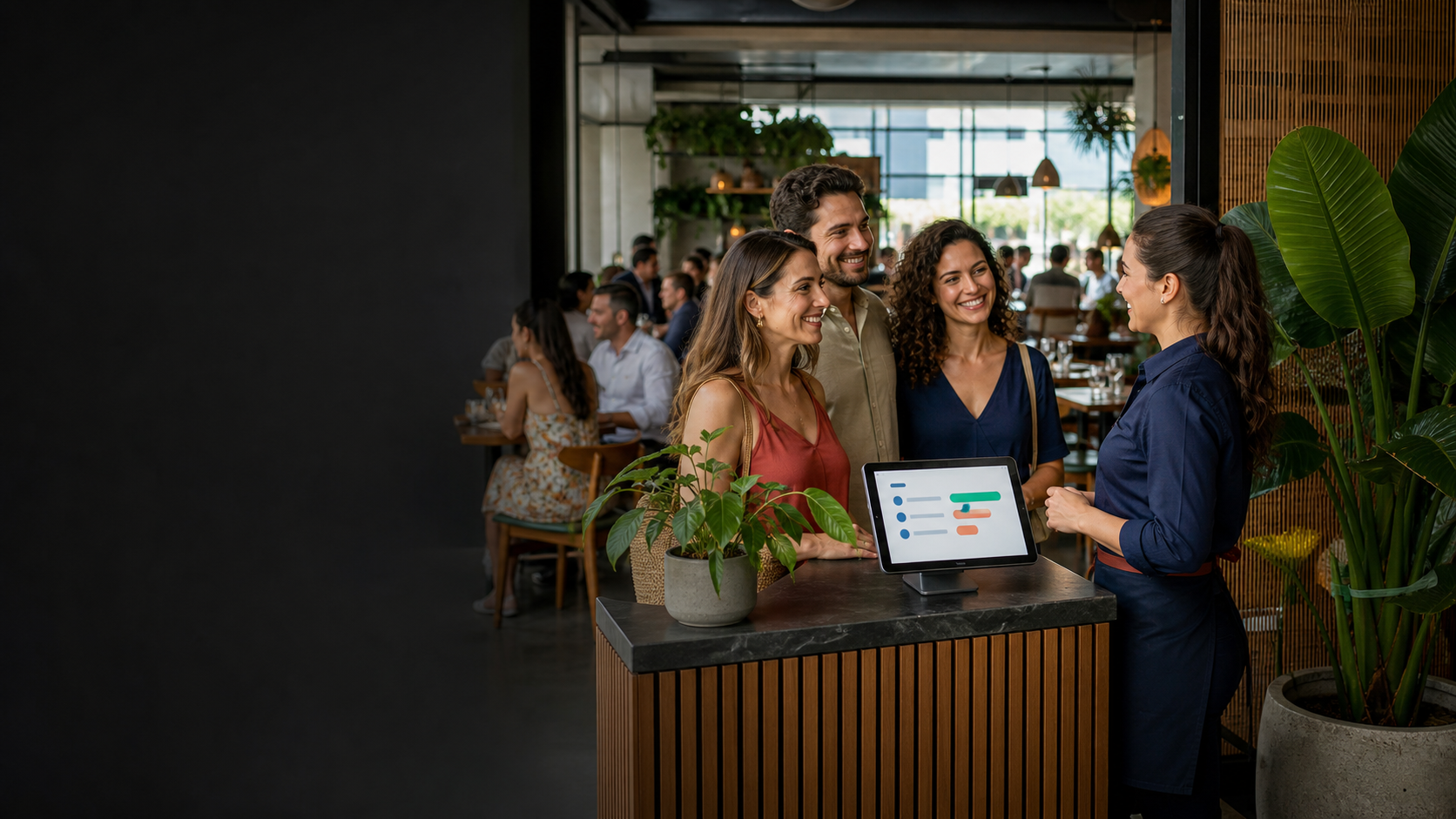Recepcao de restaurante atendendo clientes com apoio de uma fila digital